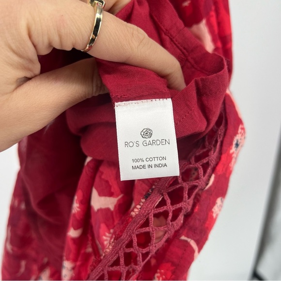 Ro's Garden Jasmin 100% Cotton Red Floral V Neck Ruffle Sleeve Maxi Dress Medium - Picture 7 of 8